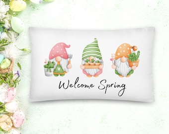 Welcome Spring Accent Throw Pillow, Spring Decor, Flower Decor, Gnome decor, 20x12 throw pillow with insert included