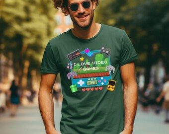 Camiseta Me encantan los videojuegos, camiseta de juegos retro, camisetas nerd, camiseta de videojuegos, camiseta de jugador, camiseta de Nintendo, juegos retro, regalo de juegos