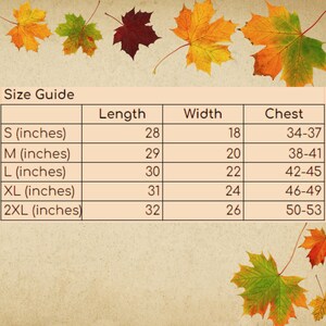 May include: Size guide chart with measurements in inches for different sizes of clothing. The chart shows the length, width, and chest measurements for sizes S, M, L, XL, and 2XL.