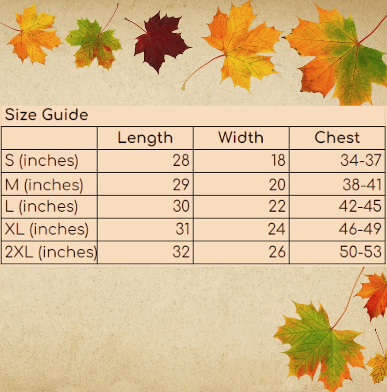 May include: Size guide chart with measurements in inches for different sizes of clothing. The chart shows the length, width, and chest measurements for sizes S, M, L, XL, and 2XL.