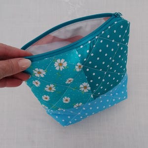 May include: A quilted cosmetic bag in teal and blue. One side has a floral pattern, the other has white polka dots. The bag has a teal zip and a white interior. The bag is open.