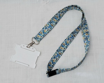 Handmade Cotton Lanyard ID Neck Strap: Blue Lemon Ditsy Floral with Breakaway Safety Clasp