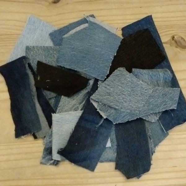 1x 200g Bag Denim Scraps - Recycled Denim Fabric Offcuts - Assorted Denim Jeans Small Offcuts for Patchwork Bag Making Upcycling