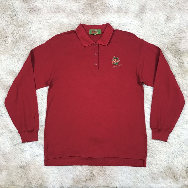 KENZO PARIS Dark Red Long Sleeve Combed Cotton Polo Shirt