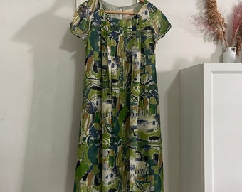 Robe vintage Sybilla en soie, peinture abstraite verte, robe mi-longue, robe mi-longue taille S