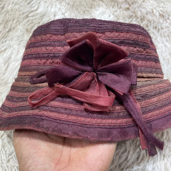 LANVIN Bucket Hat Silk Burgundy Stripe Floral Wom… - image 2