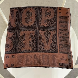 Vintage Fendi Silk Scarf Brown Chiffon Alphabet 33 x 32.5 Soie Foulard