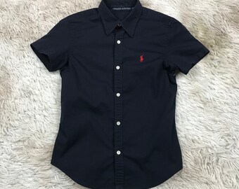 RALPH LAUREN Shirt Navy Blue Short Sleeve Shirt Top Casual Size 7 Women's S Stretch Made in Japan