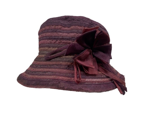 LANVIN Bucket Hat Silk Burgundy Stripe Floral Wom… - image 1