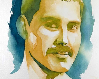 Freddie Mercury portrait, original watercolor on paper, Queen, artwork, decoration, lorena martinez art