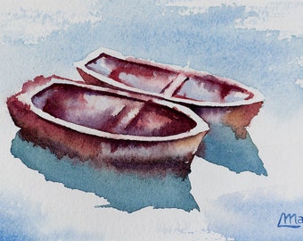 Boats in the sea, original painting in watercolur with passepartout, artwork, decoration, lorena martinez art