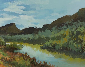 River landscape, original painting in gouache with passe-partout, artwork, decoration, lorena martinez art