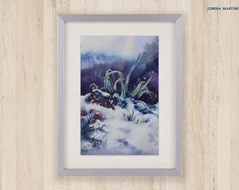 Original watercolor landscape, agave, snow, winter, framed painting, artwork, decoration, lorena martinez art