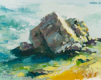 Rock on the beach, original painting in gouache with passe-partout, artwork, decoration, lorena martinez art