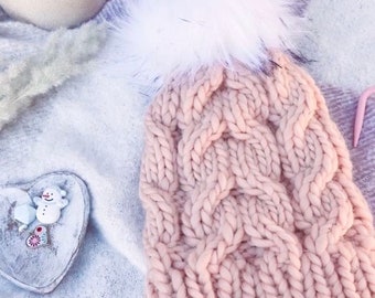 Luxe Chunky Knit Merino Wool Cabled Beanie