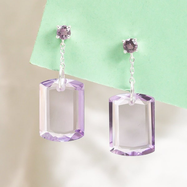 Pink Amethyst Dangle Earrings 35mm Stud lock In 925 Sterling Silver minimalist kunzite color purple gem February jewelry gift for her / mom