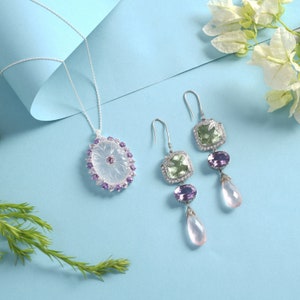 3 Piece Set: &quot;State-of-The-Quartz&quot;  Earrings + Pendant; Rose Quartz , Pink and Green Amethyst ( Prasiolite) in 925 Sterling Silver