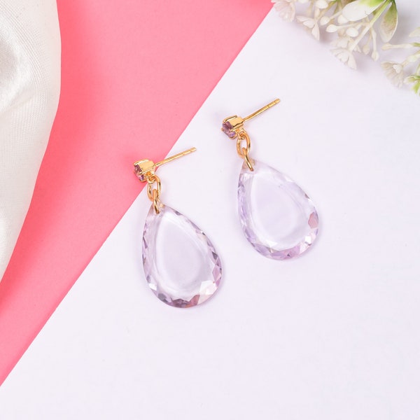 Natural Pink Amethyst Rose De France Briolette tablet earrings in 925 Sterling Silver Stud lock purple gem Valentines jewelry gift for her