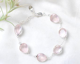 Love Edelstein Armband Rosenquarz Rosenschliff in 925 Sterling Silber Zargenfassung rosa Edelstein wie Morganit Kunzit Schmuck Geschenk für Sie / Mutter