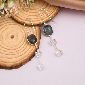 Natural Labradorite & white crystal quartz hook earrings dangler bezel set 925 Sterling Silver minimalist jewelry gift for her everyday wear