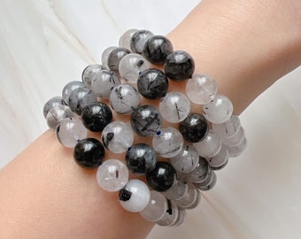 8.5mm Black Tourmalated Quartz Beaded Bracelet | Black Tourmaline Beaded Bracelets | Round Bead Crystal Bracelet | Crystal Beaded Bracelets