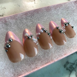 Pink Chrome| Medium Almond French tip Nails with white and silver pearls