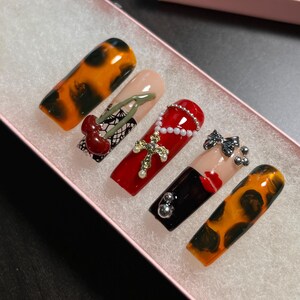 Rockin Luv | Cherry Design Nails| Press on Nails| Leopard Nails| Spring Nails | Colorful Nails| Birthday Gift Nails | Valentine’s Day Nails