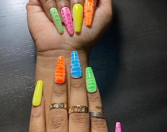 Cocodrilo neón, uñas postizas / uñas divertidas / uñas de lujo / regalo de cumpleaños / uñas coloridas, regalos para ella, uñas neón, uñas de verano, uñas coloridas
