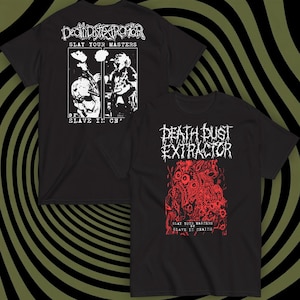 May include: Two black t-shirts with white and red graphics. One shirt features a band name and the text "SLAY YOUR MASTERS OR SLAVE IN CHAINS" with a black and white illustration. The other shirt has a red graphic and the text "SLAY YOUR MASTERS SLAVE IN CHAINS".