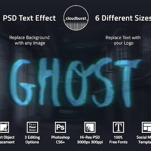 Puede incluir: Una plantilla PSD de efecto de texto digital con la palabra "GHOST" en color azul neón con un efecto de glitch. La plantilla incluye 6 tamaños diferentes, 3 opciones de edición y 100% de fuentes gratuitas.