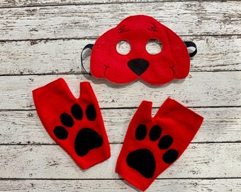 Felt Dog Mask, Red Child Dog Costume with Black Elastic Band, Optional Matching Mitts
