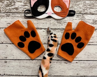 Cat Costume Set, Calico Felt Mask with Mittens and Tail for Children
