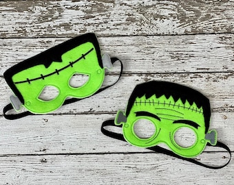 Green Frankenstein Halloween Mask, Embroidered Felt Child Size with Elastic Back