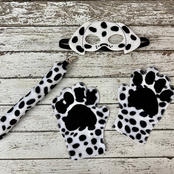 Costume de chien dalmatien Masque de chien Masque de chien Queue de chien Mitaines de chien Costume d'Halloween Pattes de chiot Chien Fête d'anniversaire Faveur Chiot Clip sur la queue