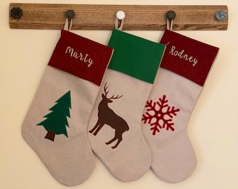Personalized Christmas Stockings Tree Stocking Deer Stocking Buck Stocking Snowflake Stocking Red Burlap Stockings Family Stockings