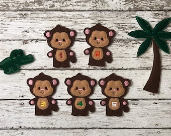 5 marionetas de dedo de fieltro de monitos: juego de cuentos para maestros