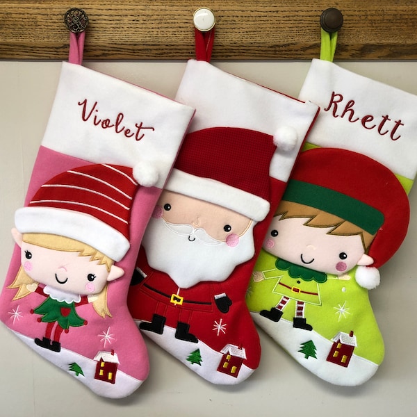 Peluche de medias navideñas personalizadas con Santa, Niño Elfo y Niña Elfo