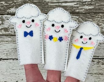 Marionetas de dedo de ovejas: Familia de corderos de fieltro ecológicos para la hora del cuento