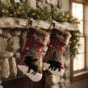 Christmas Stocking, 18-Inch Personalized Embroidered Woodland Design, Custom Holiday