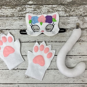 Girly White Cat Costume Floral White Cat Mask Flowers Cat Mask White Cat Tail White Cat Mittens White Halloween Cat Costume Cat Party Favor