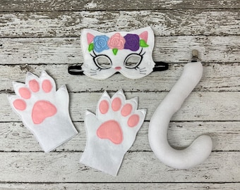 Disfraz de gato blanco floral: máscara de fieltro, cola y mitones