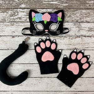 Girly Black Cat Costume Floral Black Cat Mask Flowers Cat Mask Black Cat Tail Black Cat Mittens Black Halloween Cat Costume Cat Party Favor