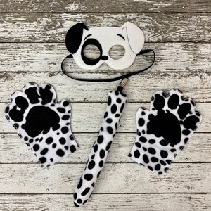 Disfraz de perro dálmata, máscara de dálmata, máscara de perro, cola de perro, guantes de perro, disfraz de Halloween, patas de cachorro, recuerdo de fiesta de cumpleaños de perro, clip de cachorro en la cola