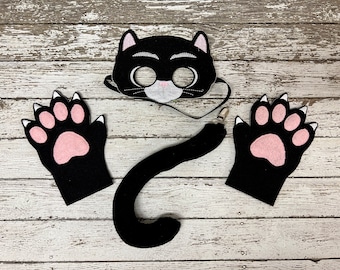 Disfraz de gato negro: máscara de fieltro, mitones y cola - Recuerdo de fiesta de Halloween