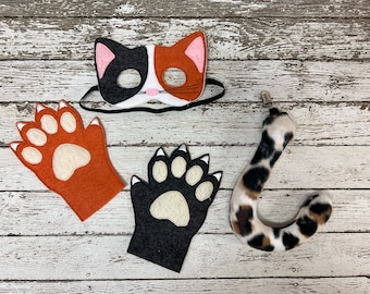 Calico Cat Costume Set: Felt Mask, Mittens & Tail