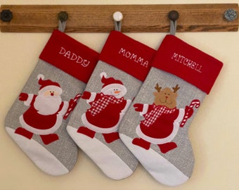 Personalized Christmas Stocking Red and Gray with Santa, Snowman and Reindeer Stockings