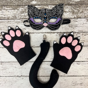 Exotic Handmade Black Cat Costume - Eco-Friendly Halloween Mask, Mitts & Tail Set