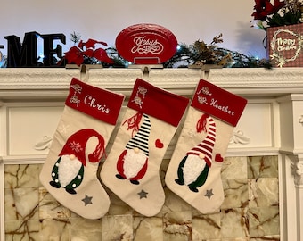 50 % OFF Personalized Embroidered Christmas Gnome Stockings | Red & Green Monogrammed Farmhouse Christmas Decor