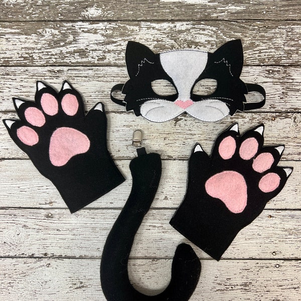 Tuxedo Black and White Cat Costume: Handmade Felt Halloween Mask & Tail Set