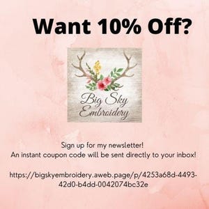 A promotional graphic on a pink watercolor background reads Want 10% Off and includes a logo for Big Sky Embroidery above newsletter sign-up text.
